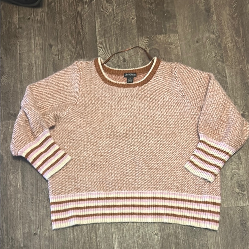 Pink and Brown Crew Neck Sweater with Ribbed Trim